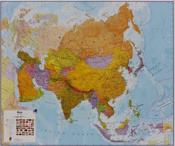 Asia politisk veggkart laminert 120 x 100cm